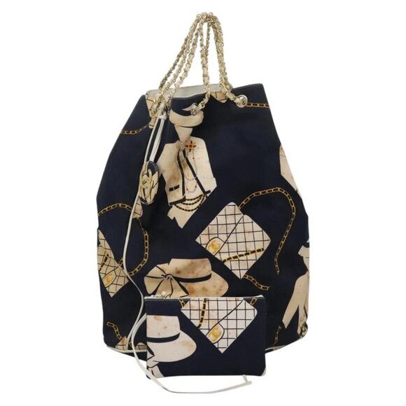CHANEL Chain Shoulder Bag Canvas Navy Gold CC Auth yk18211 - Picture 1 of 16